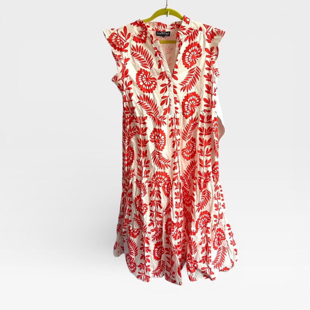 Liza Byrd Women Red Floral Print‎ Maxi Dress Tiered Ruffle Collar Size L